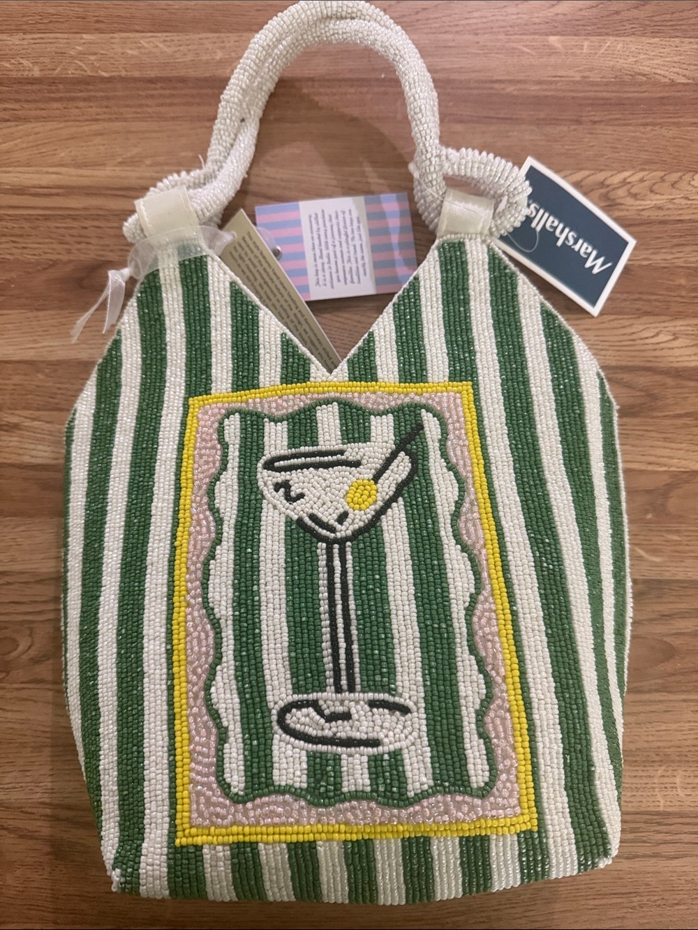 Beaded Green & White Stripe Tote with Cocktail Motif